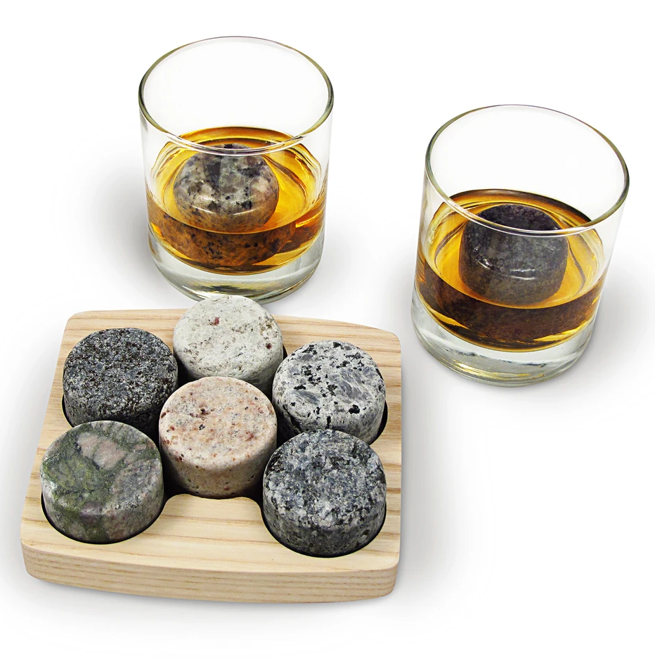 On The Rocks Granite Whiskey Chilling Stones with Hardwood Tray and Tumblers