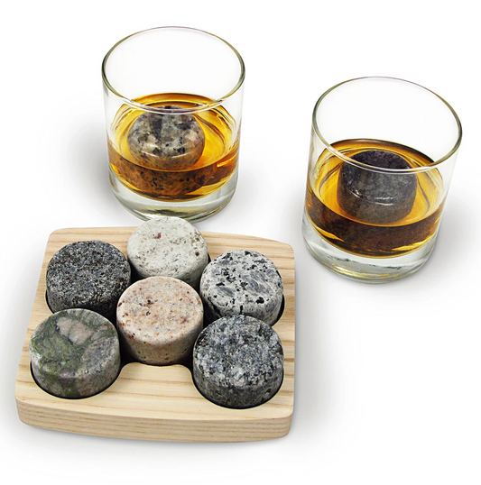 On The Rocks Granite Whiskey Chilling Stones with Hardwood Tray and Tumblers